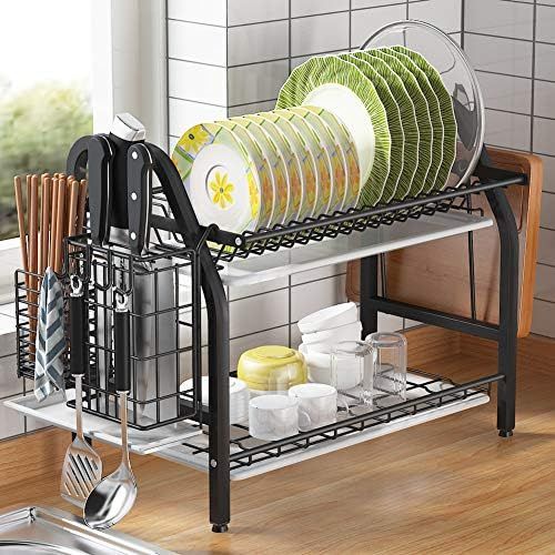 Dish Drying Rack, 1Easylife 2 Tier Dish Rack Stainless Steel with Utensil Knife Holder and Cuttin... | Amazon (US)