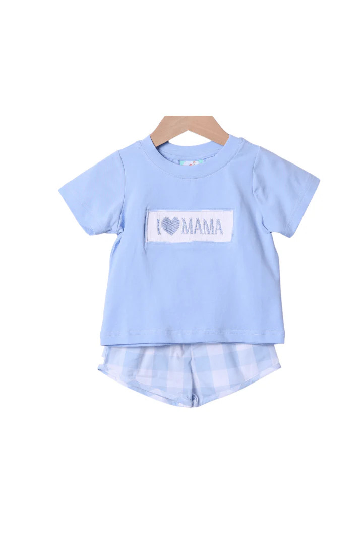 Smocked I Love Mama Blue Buffalo Short Set | The Smocked Flamingo