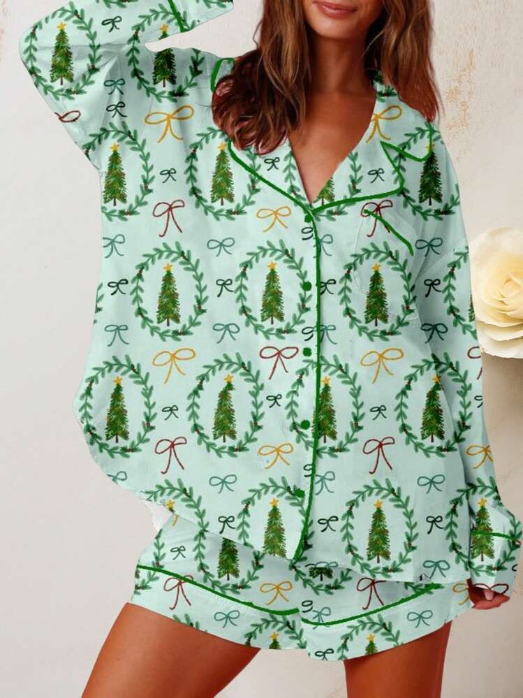 Women Y2k Christmas Pajamas Set 2 Piece Loungewear Suits Santa Claus Print Long Sleeve Lapel Butt... | SHEIN