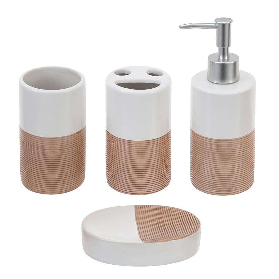 MyGift Deluxe 4 Piece Dual Tone White with Clay Stripe Ceramic Bathroom Accessories Set, Includes... | Amazon (US)