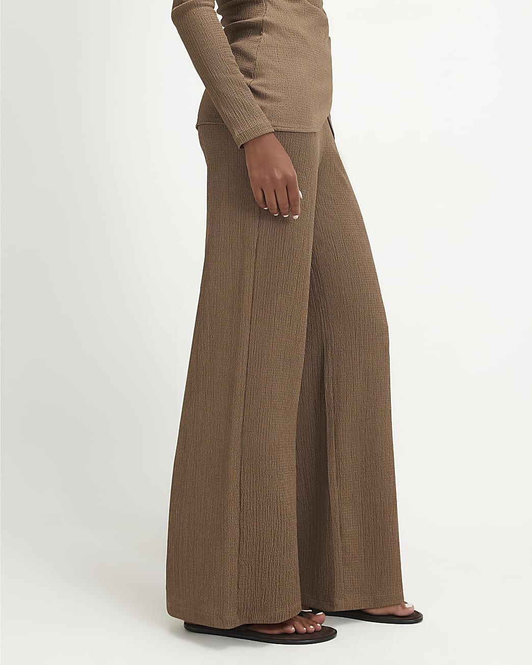 Brown Textured Wide Leg Trousers | River Island UK & IE