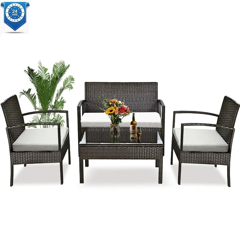 Seizeen Outdoor Patio Furniture Set, All-Weather 4 Pieces Rattan Conversation Set Cushioned Sofa ... | Walmart (US)