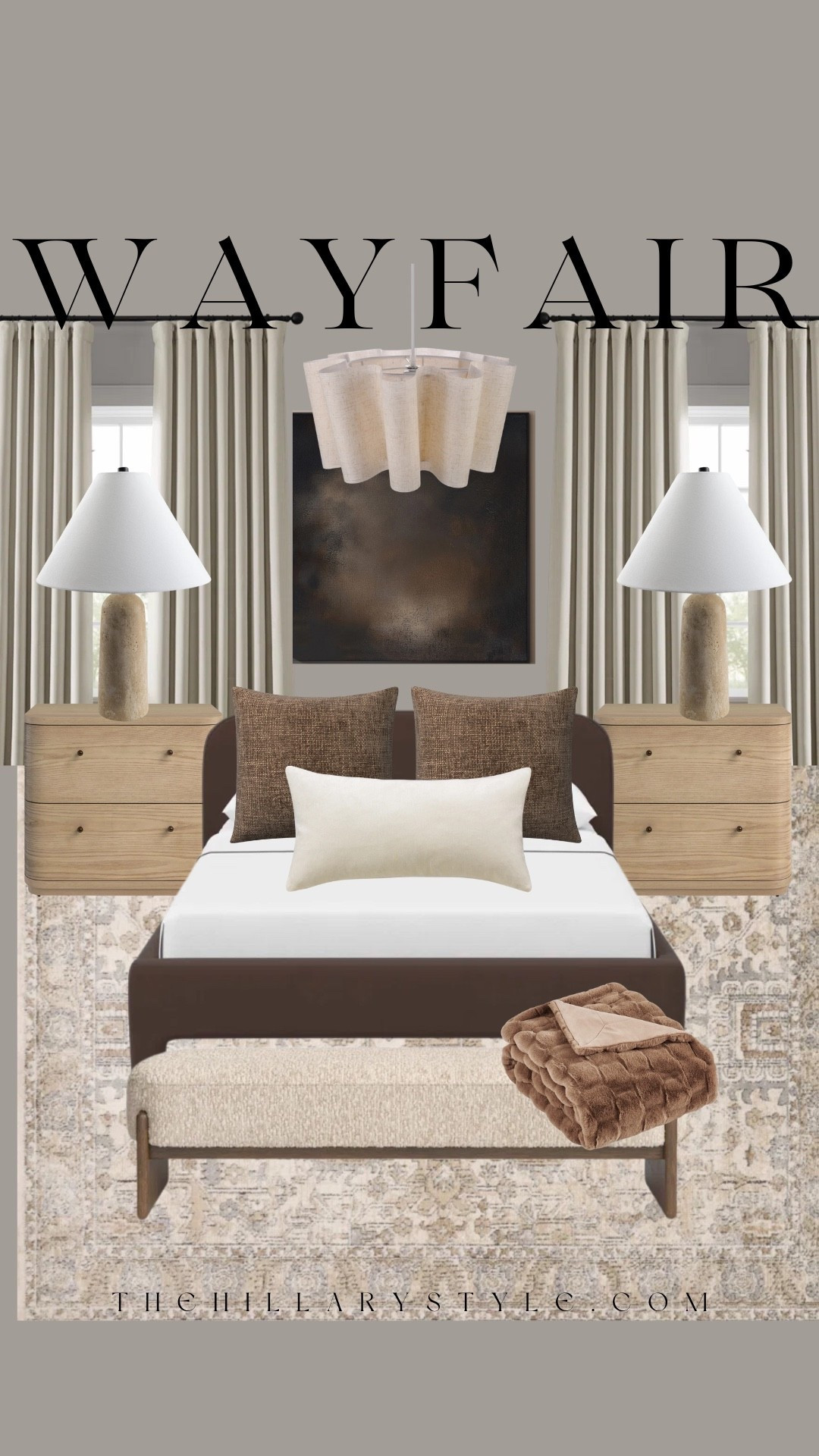 Moody, minimal, and full of texture — this space is all about timeless layers. The boucle pillows, fuzzy throws, and fluted ceiling light bring that designer touch, while the wooden nightstands and linen curtains add warmth. Wayfair has everything you need for a chic, elevated bedroom.

#LTKOver40 #LTKHome #LTKStyleTip