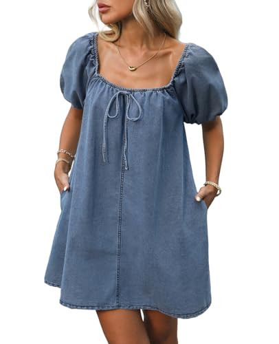 Vidifid Women's Denim Mini Dress Puff Short Sleeve Square Neck Loose Jean Dresses with Pockets | Amazon (US)