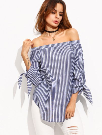 Blue Stripe Tie Cuff Off The Shoulder Blouse | SHEIN