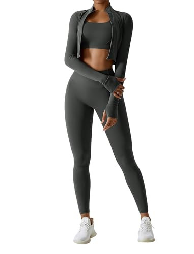 Workout Sets for Women 3 Piece High Waisted Seamless Leggings Crop Top Jacket Gym Yoga Outfit Str... | Amazon (US)