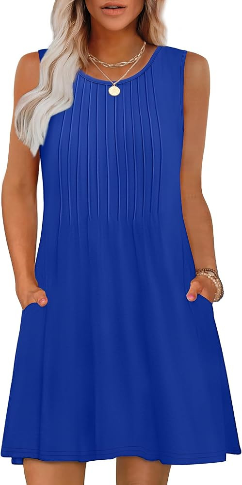 OFEEFAN Summer Dresses for Women 2025 Loose Beach Vacation Casual Crew Neck Sleeveless Sundresses... | Amazon (US)