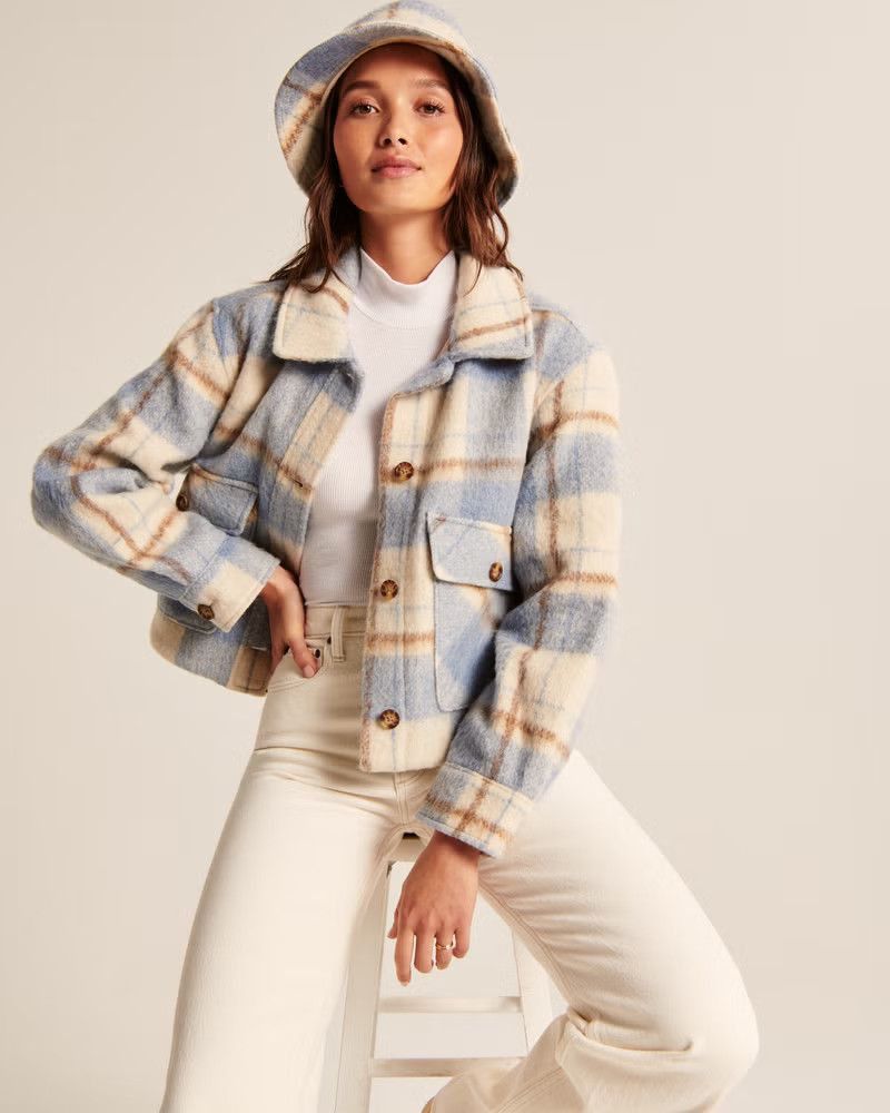 Cropped Cozy Shirt Jacket Blue Jacket Jackets Fall Outfits 2022 Fall Jacket Autumn Outfits | Abercrombie & Fitch (US)