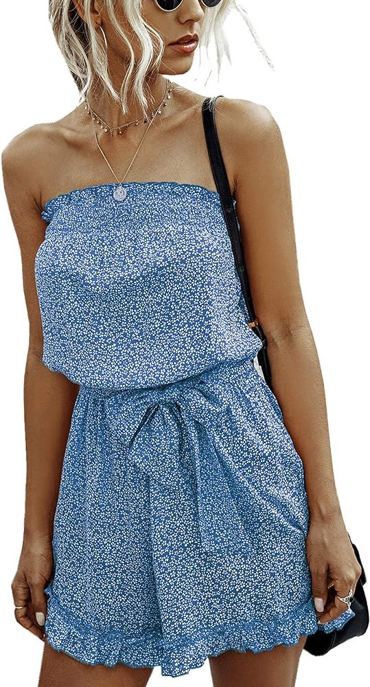 Angashion Women’s Rompers-Casual Summer Off Shoulder Strapless Floral Print Ruffle Belt Shorts ... | Amazon (US)