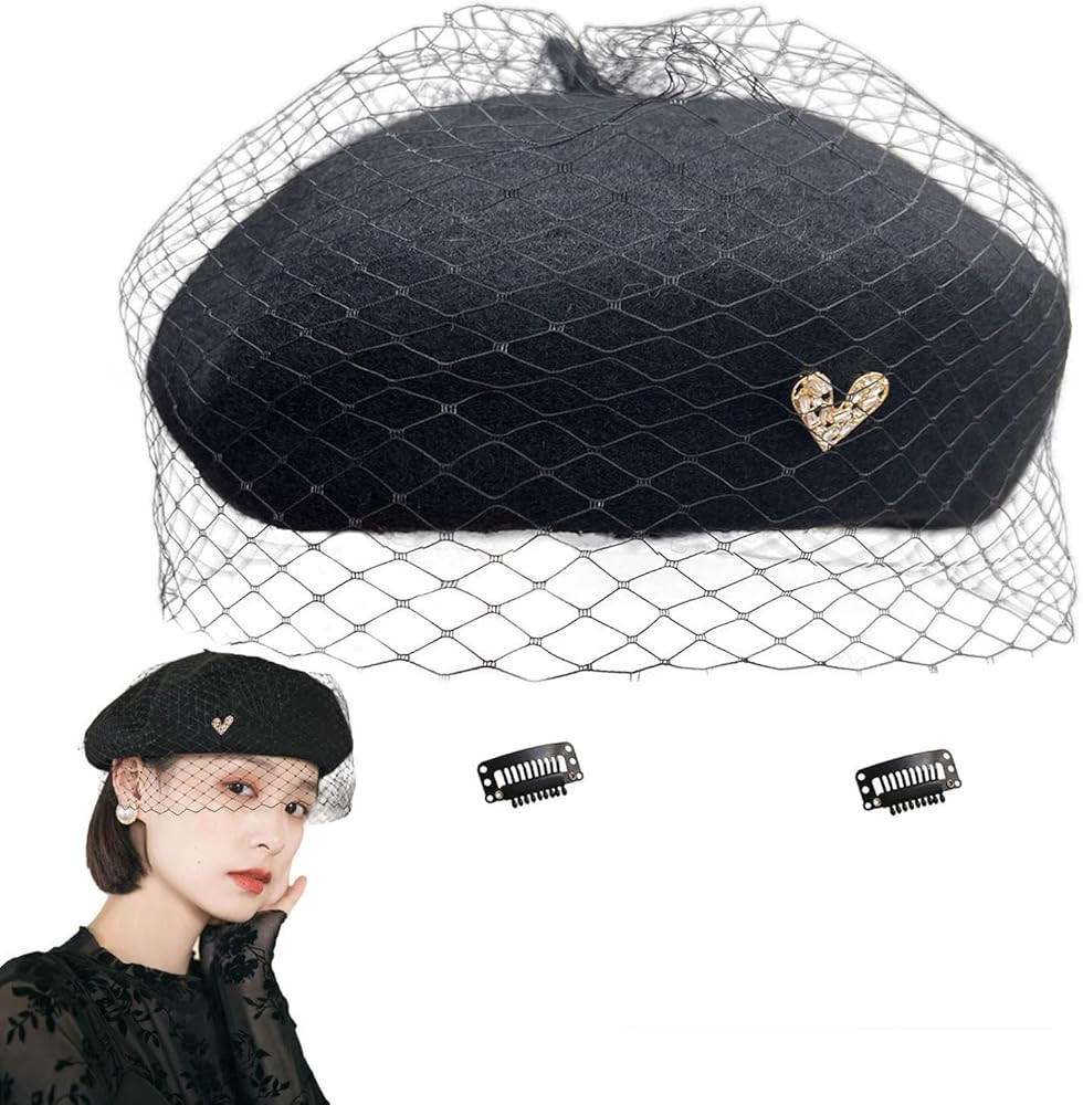 French Berets Hat with Veil Premium Cashmere Beret Elegant Church Wool Hat for Women Solid Artist... | Amazon (US)