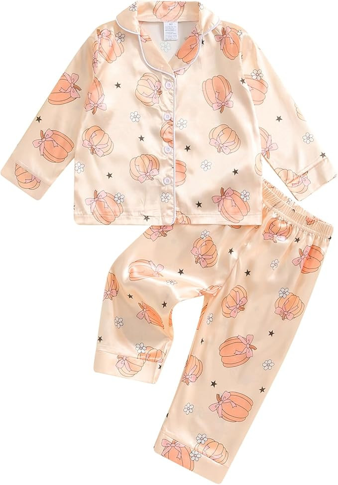 Qiylii Toddler Girls Silk Halloween Pajamas Pumpkin Print Long Sleeve Fall Pjs Button-Up Satin Pa... | Amazon (US)