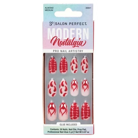 Salon Perfect Artificial Fake Press On Nails 493 Modern Nostalgia Fire Chilis Medium Almond File Glue and Prep Pad Included 30 Nails | Walmart (US)