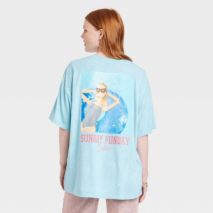 Women's Barbie Sunday Funday Oversized Short Sleeve Graphic T-Shirt - Blue | Target
