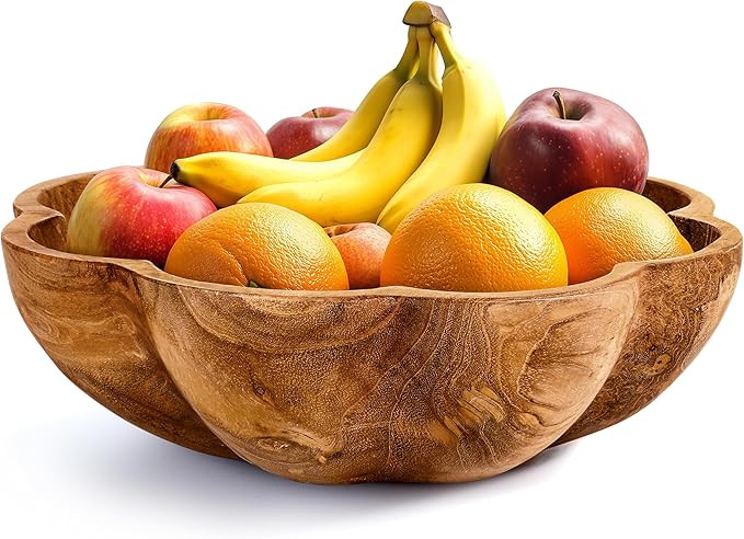 Wooden Fruit Bowl for Kitchen Counter - 11.8" x 3.2" Large Teak Wood Serving Bowl for Food, Salad... | Amazon (US)