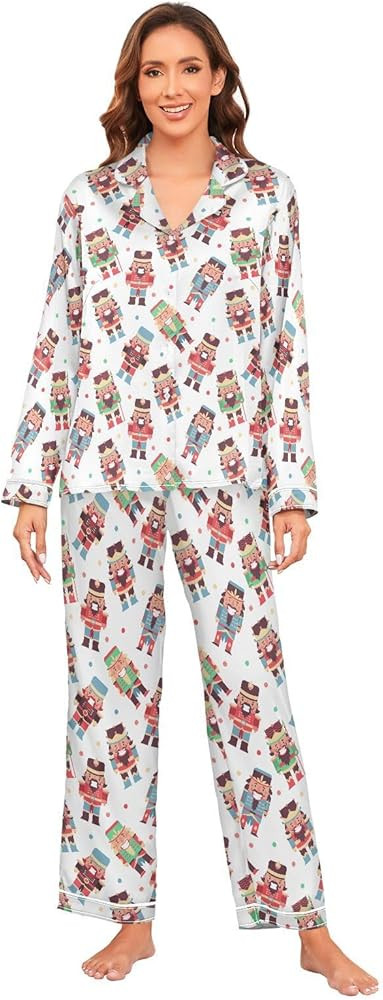 Women's Silk Satin Pajamas Set Christmas Nutcracker Long Sleeve Button Down Sleepwear 2 Piece Lou... | Amazon (US)