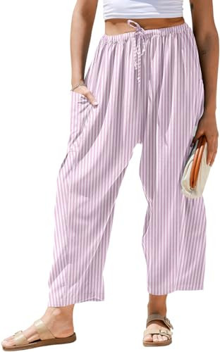 TARSE Womens Linen Wide Leg Striped Pants Casual Barrel Loose Drawstring Low Waist Palazzo Harem Pants with Pockets(RoseWhiteStripe,M) | Amazon (US)
