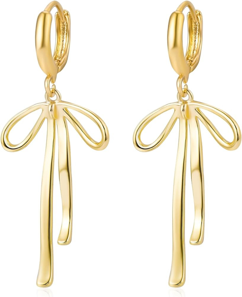 Bow Earrings Gold Bow Ribbon Hoop Earrings Long Ribbon Earrings Drop Dangle Bow Tie Huggie Earrin... | Amazon (US)
