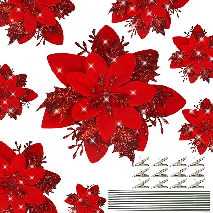 12 PCS Poinsettias Artificial Christmas Flowers 5.5" Red Glitter Poinsettias Christmas Decoration... | Amazon (US)