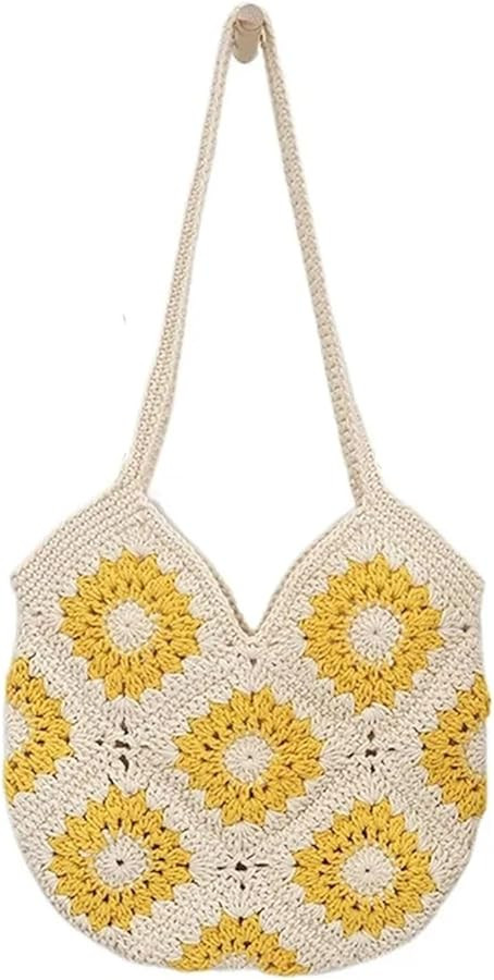 Crochet Bag Trendy Floral Crochet Knit Leisure Handmade Shoulder Casual Large Capacity Women's To... | Amazon (US)