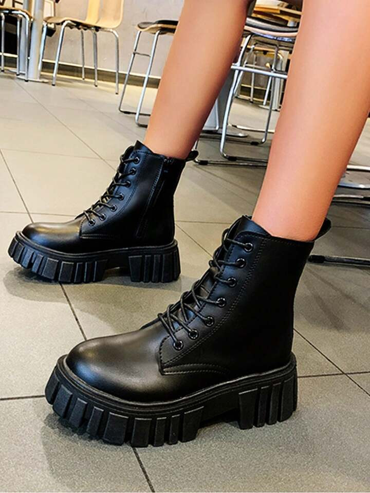 Women's New Arrival Thick Sole Fashionable Vintage Boots, Pu Leather, Autumn Winter Shoes | SHEIN