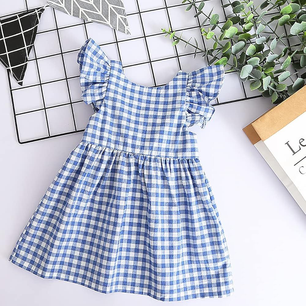 AGQT Baby Girls Plaid Dress Flutter Sleeve Gingham Spring Summer Dresses Size 12M-6T | Amazon (US)