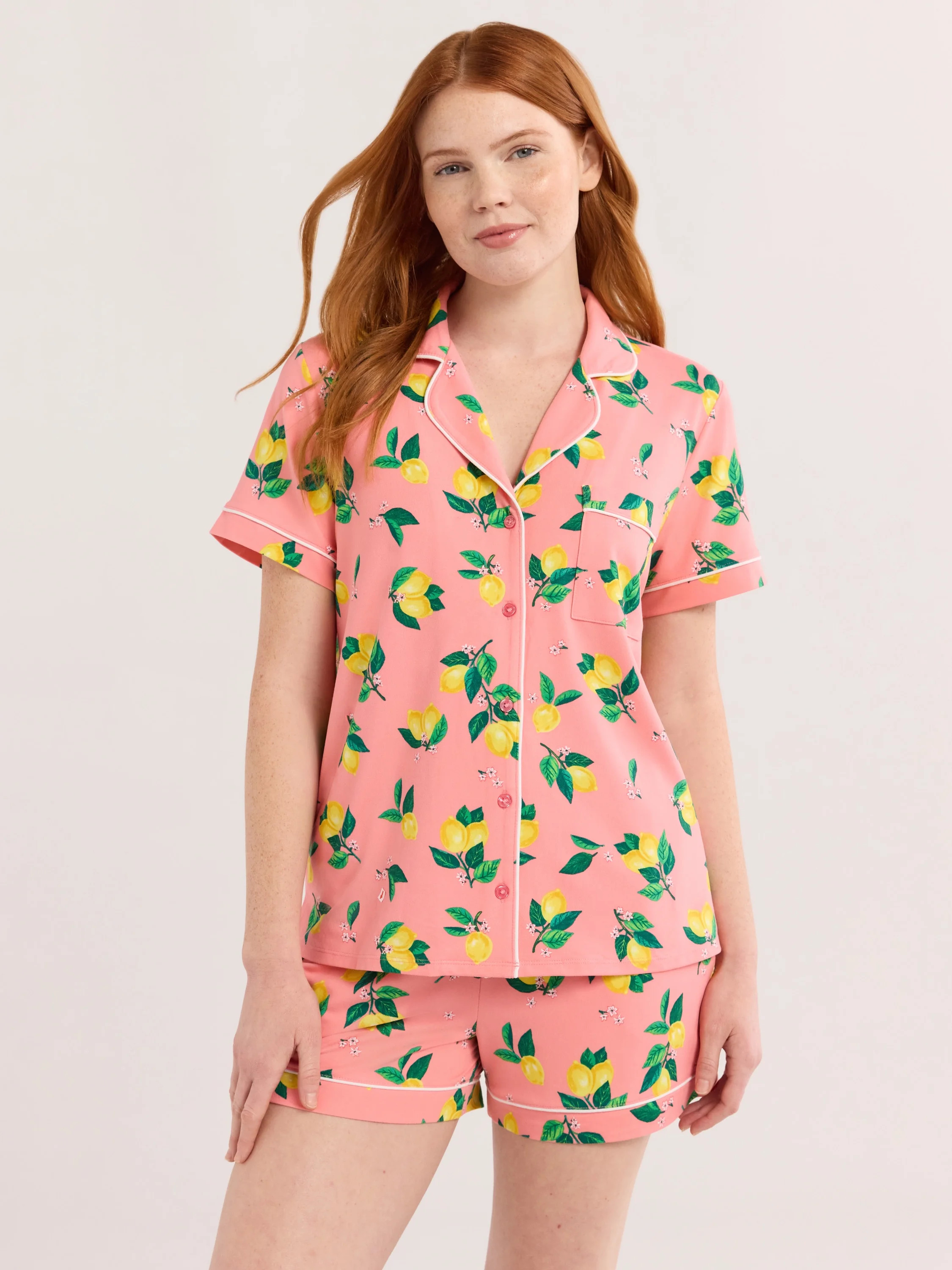 Joyspun Women’s Short Sleeve Knit Notch Collar Top and Shorts Pajama Set, 2-Piece, Sizes XS to ... | Walmart (US)