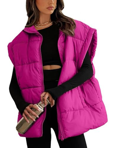 Daacee Women's Oversized Puffer Vest Lightweight Warm Cap Sleeve Puffy Bubble Outerwear Vests with Pockets(0650-HotPink-S) | Amazon (US)