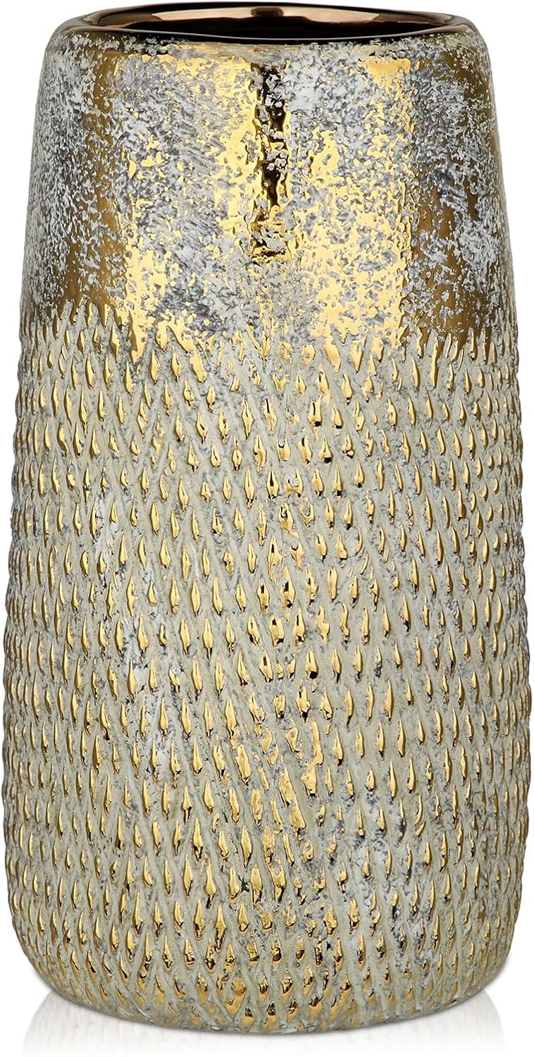 10.2" Ceramic Flower Vintage Vase - White & Gold Textured Metal Ceramic Vase for Farmhouse Modern... | Amazon (US)