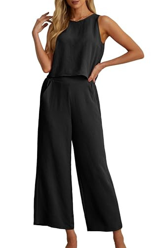 IWOLLENCE Women's Summer 2 Piece Outfits Set Round neck Sleeveless Tank Crop Top Wide Leg pants Set Pockets Jumpsuits Black Large | Amazon (US)
