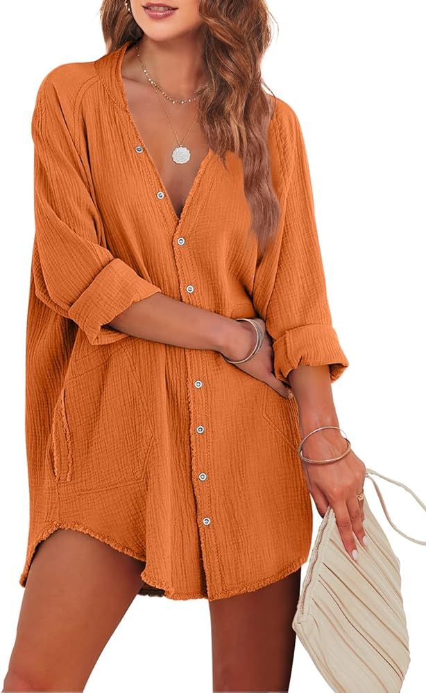 Kalssior Womens Beach Swimsuit Cover Ups Button Down Shirt Bathing Suit Coverup Loose Fit Casual Sum | Amazon (US)