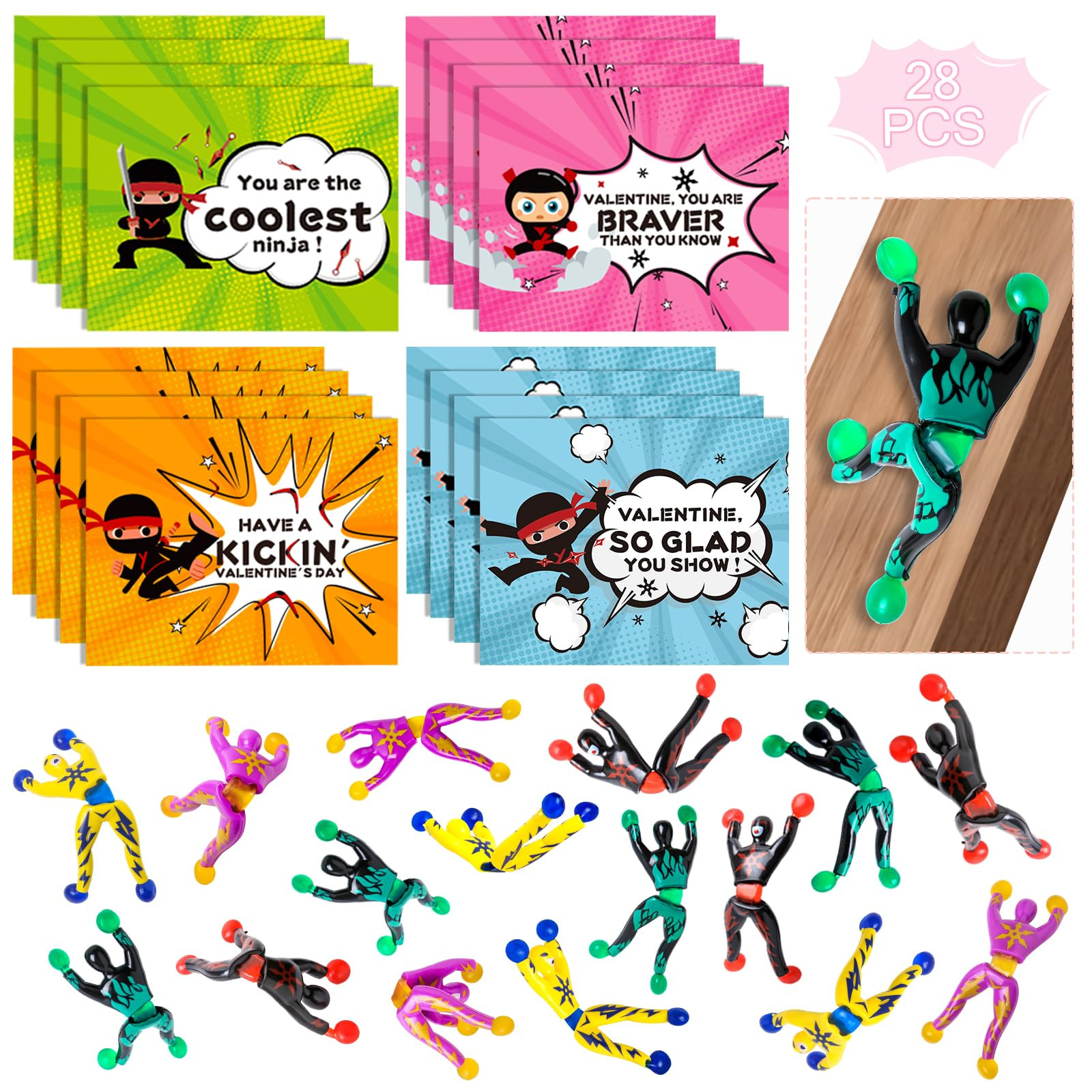 28Pack Kids Valentines Day Cards for Classroom School, Valentines Cards with Wall Climbing Men, V... | Amazon (US)