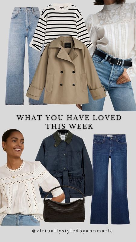 Weekly loves 🖤

Wide leg jeans 
White lace blouse 
Short trench 
Wax jacket 
Flared jeans 

#LTKeurope