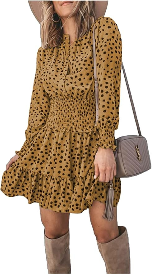 PRETTYGARDEN Women's Long Sleeve Ruffle Casual Boho Button Down Elastic Waist Mini Short Shirt Dr... | Amazon (US)