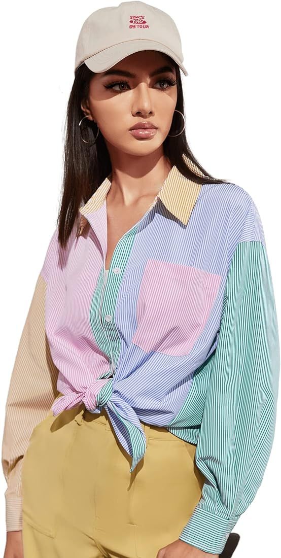 OYOANGLE Women's Striped Colorblock Long Sleeve Collar Drop Shoulder Button Down Shirt Top with P... | Amazon (US)