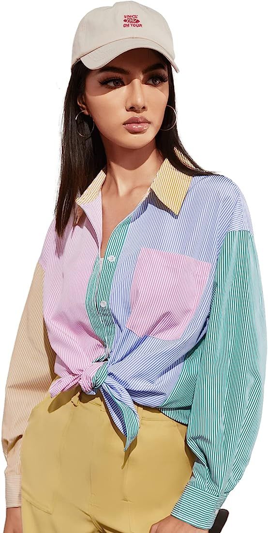 OYOANGLE Women's Striped Colorblock Long Sleeve Collar Drop Shoulder Button Down Shirt Top with P... | Amazon (US)