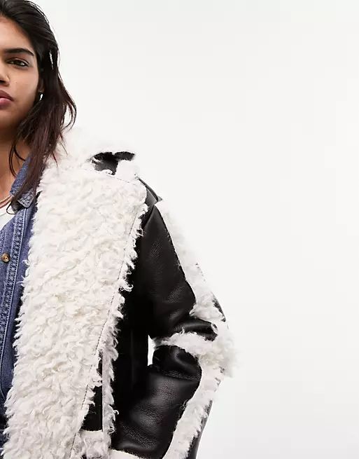 Topshop faux shearling mid length jacket with faux fur details in black | ASOS (Global)