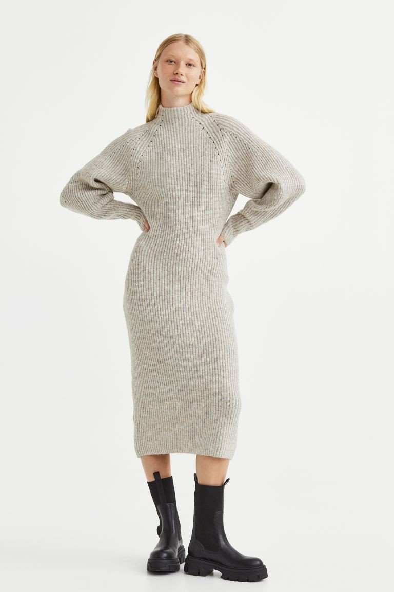 Fitted, calf-length dress in a rib knit with wool content and pointelle details. Low stand-up col... | H&M (US + CA)