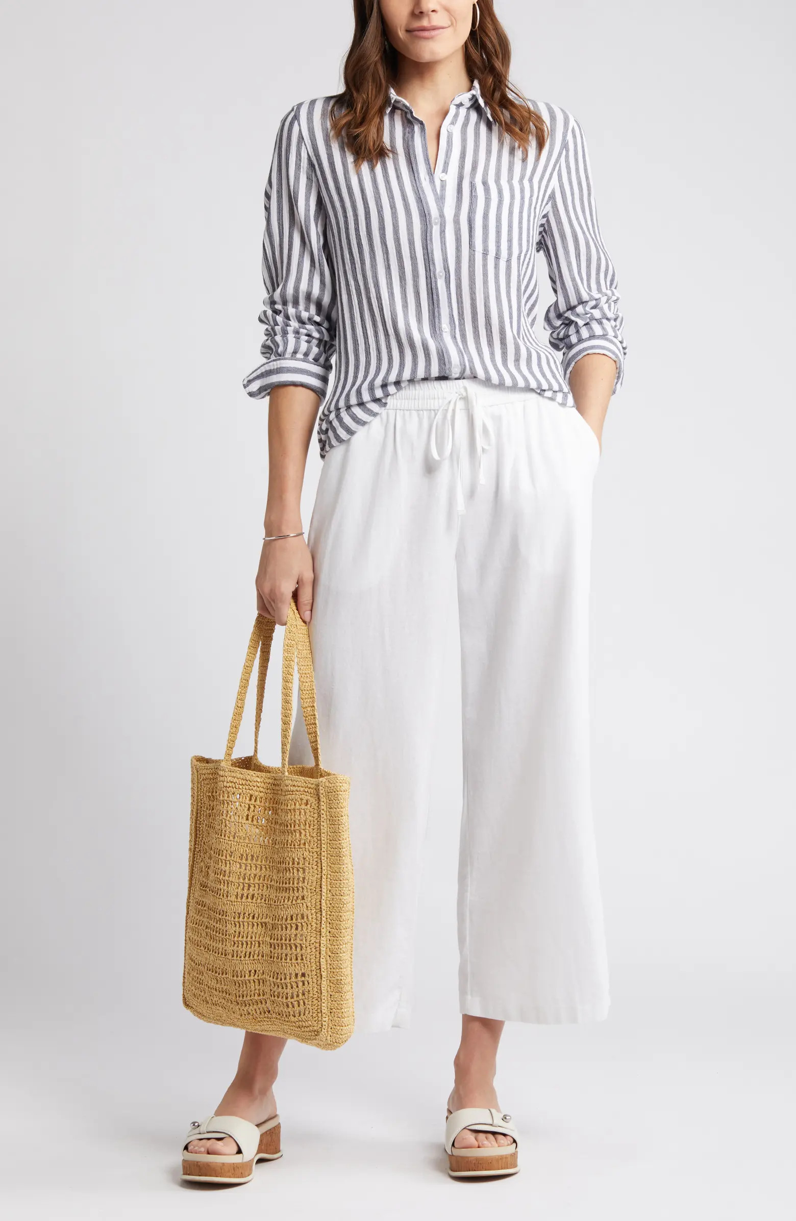 Drawstring Wide Leg Linen Blend Pants | Nordstrom