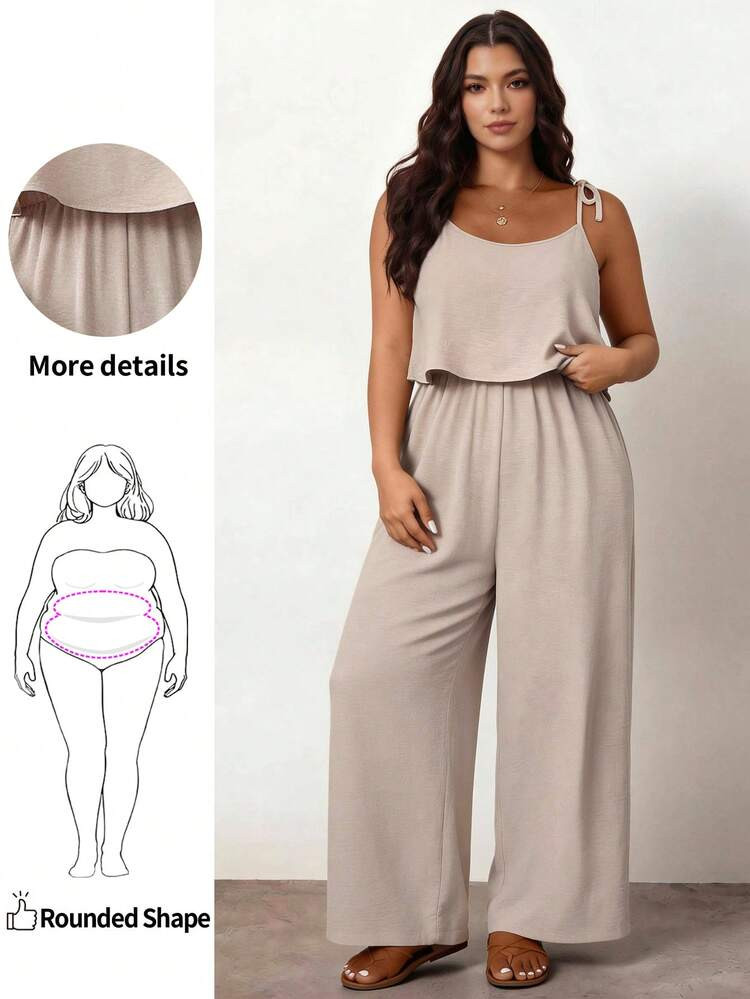 Plus Size Apricot Woven Fabric Jumpsuit: Casual, Sleeveless, Spaghetti Strap, Long, Knot Detail, For Apple And Rounded Body Shape, For Summer | SHEIN