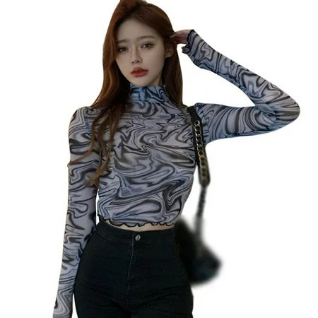 Mesh Top Mesh Top for Women Long Sleeve Mock Neck Top T Shirt with Printed Patterns Black | Walmart (US)