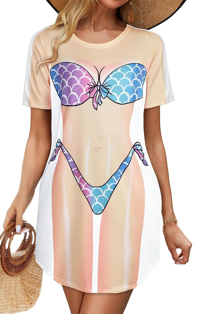 elescat Women's Beach Cover Up Bikini Printed Short Sleeve Tshirt Dress Baggy Cute Coverups | Amazon (US)