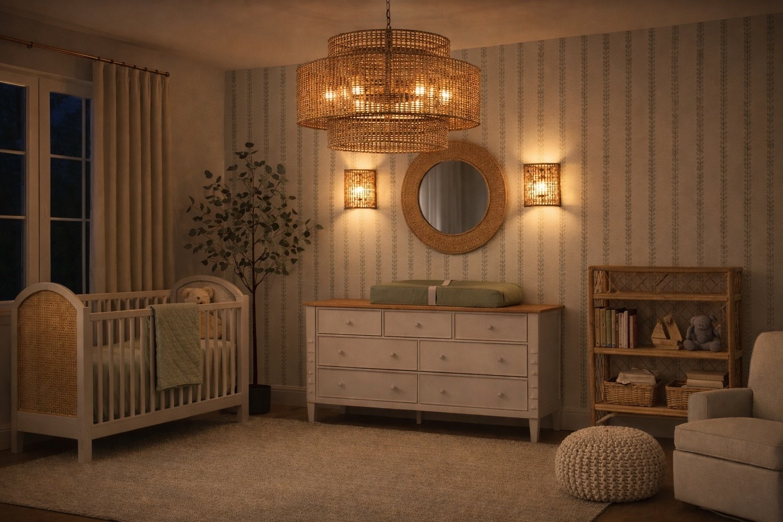 A calm neutral nursery featuring soft sage wallpaper, warm woven lighting, and natural textures throughout. This baby room includes a cane crib, round mirror, rattan accents, and a cozy soft glow that creates the most peaceful atmosphere. Perfect nursery inspiration for a baby girl or gender neutral space with an elevated, timeless feel.

#LTKmomlife #LTKU #LTKHome