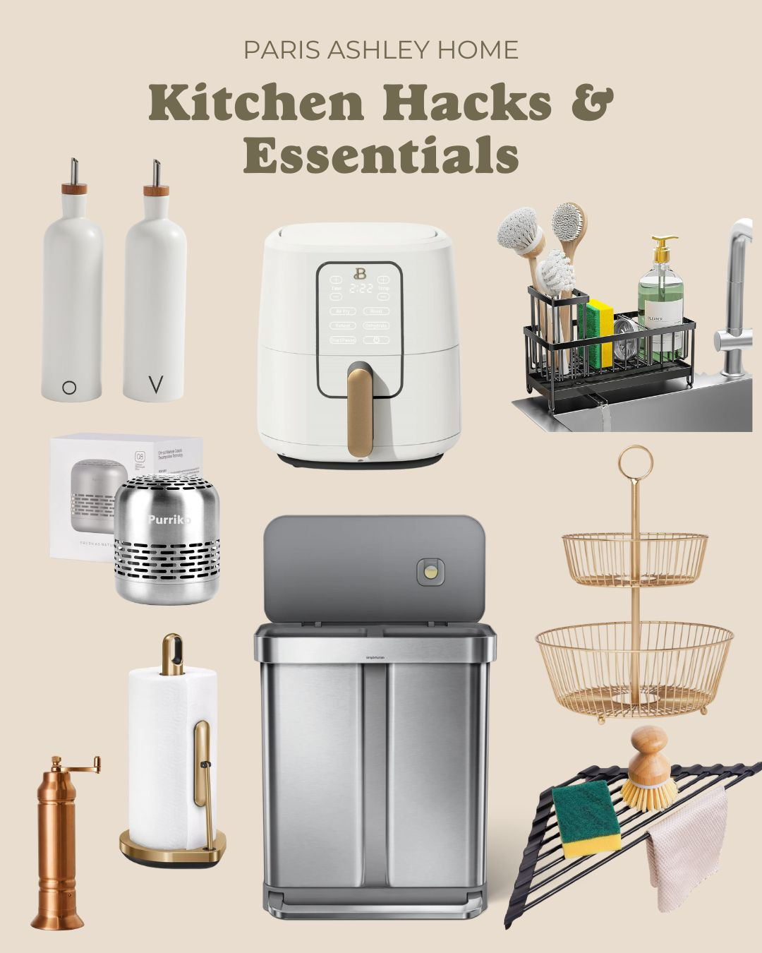 Kitchen Hacks & Essentials! 

pretty air fryer, olive oil and vinegar containers, sink caddy, baking soda fridge air freshener, Simple Human double trash and recycle bin, paper towel holder, pepper grinder, fruit organization 

 #LTKSeasonal #LTKHome #LTKFamily