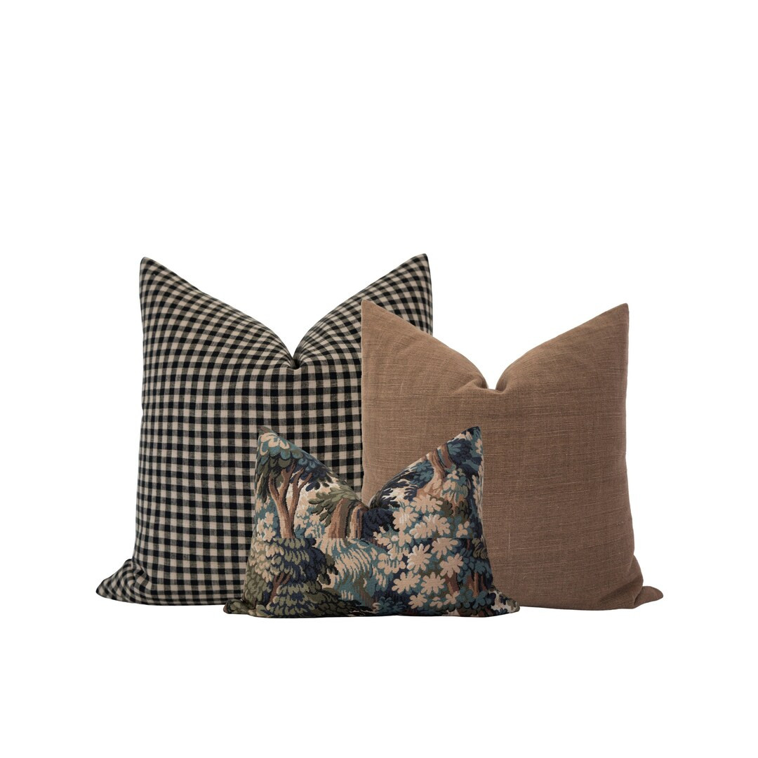 Moody Pillow Cover Combo Black Gingham Pillow Brown Pillow Combo Tapestry Pillow Vintage Pillow M... | Etsy (US)