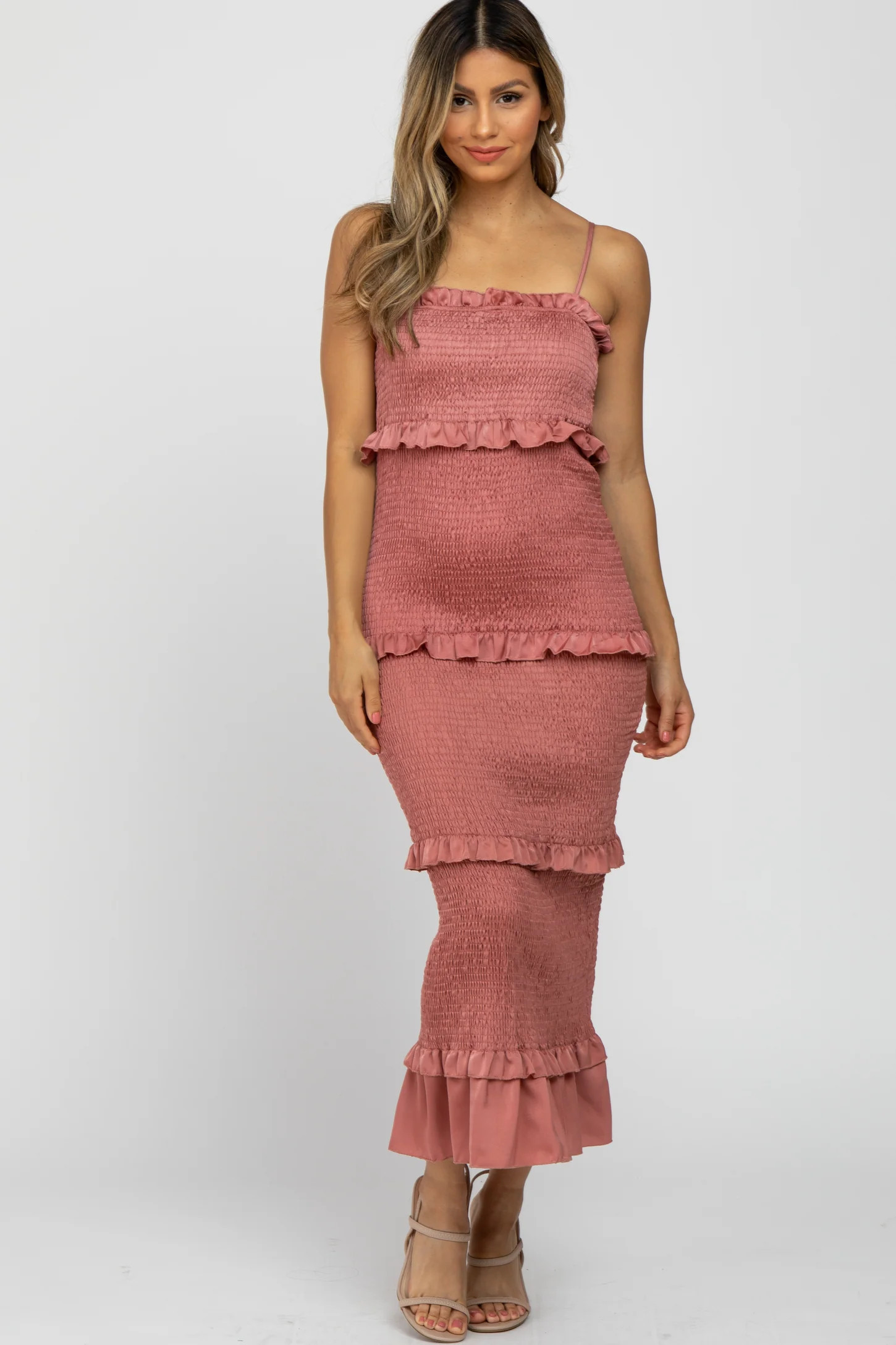 Mauve Satin Smocked Fitted Maternity Midi Dress | PinkBlush Maternity