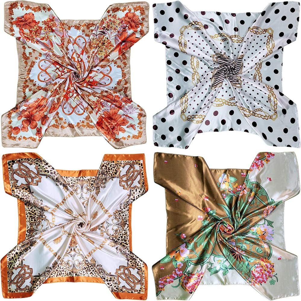 4 Pc Set Large 35 x 35 inches Satin Square Scarves Neck Hair Head Scarf Bundle | Amazon (US)