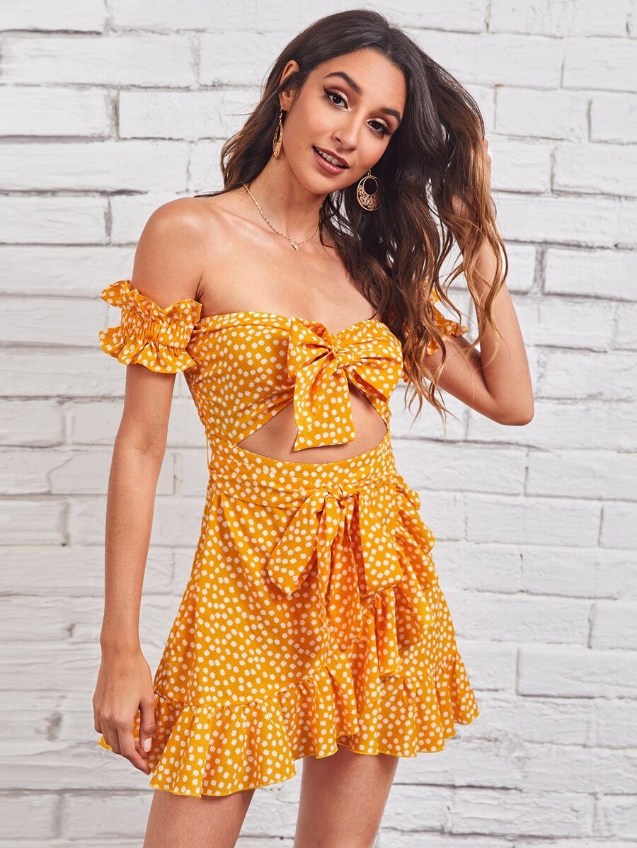 SHEIN Off Shoulder Cut Out Tie Front Ruffle Trim Ditsy Floral Dress | SHEIN