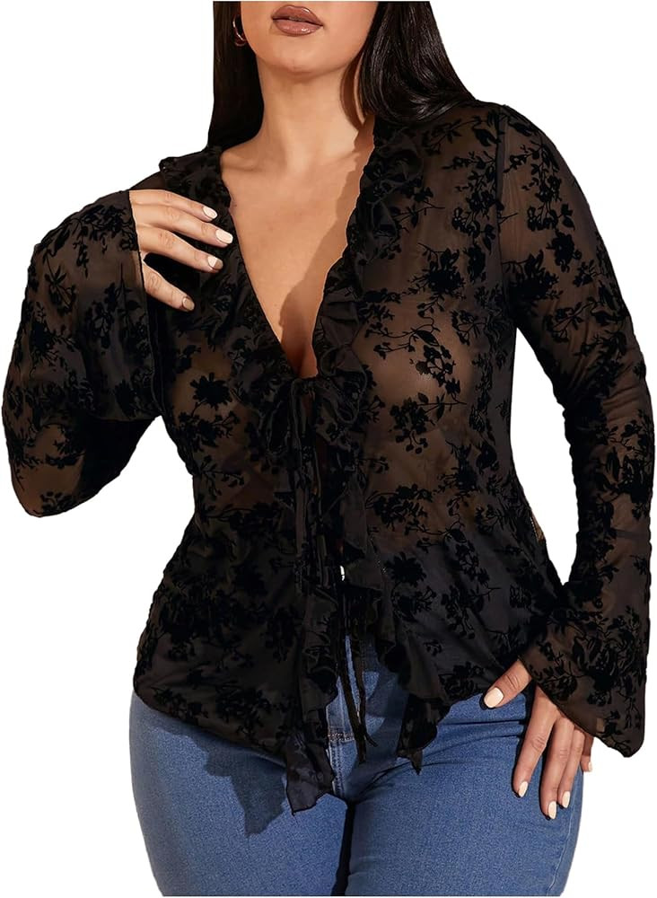 WDIRARA Women's Plus Size Floral Lace Sheer T Shirt Tie Front Long Bell Sleeve Tee Going Out Tops | Amazon (US)