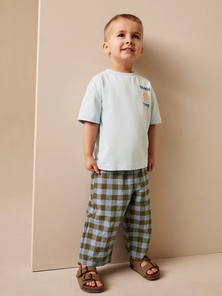 Blue Gingham Wide Fit Linen Blend Pull on Trousers (3mths-7yrs) | Next US