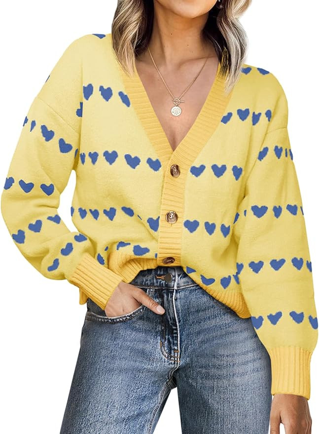 Saodimallsu Suéter de punto a rayas de manga larga con cuello en V para mujer, diseño de coraz... | Amazon (US)